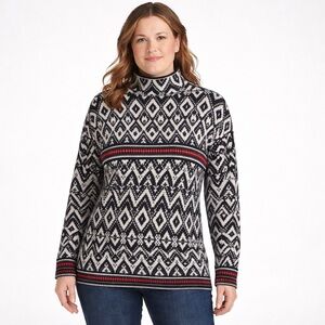 Tahari Nordic Fair Isle Knit Sweater Black White Red Size 2X
